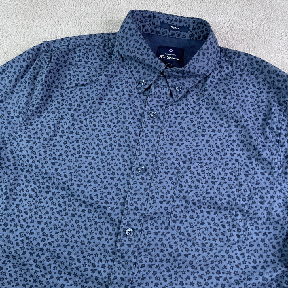 Ben Sherman Shirt Mens Medium Blue Floral Stretch Short Sleeve Button Down